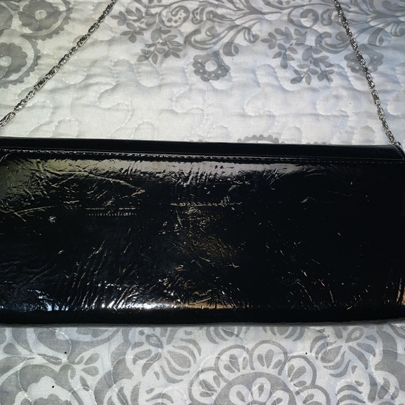 Vegan clutch black patent, like chrome, trim, pink satin interior - Picture 6 of 14